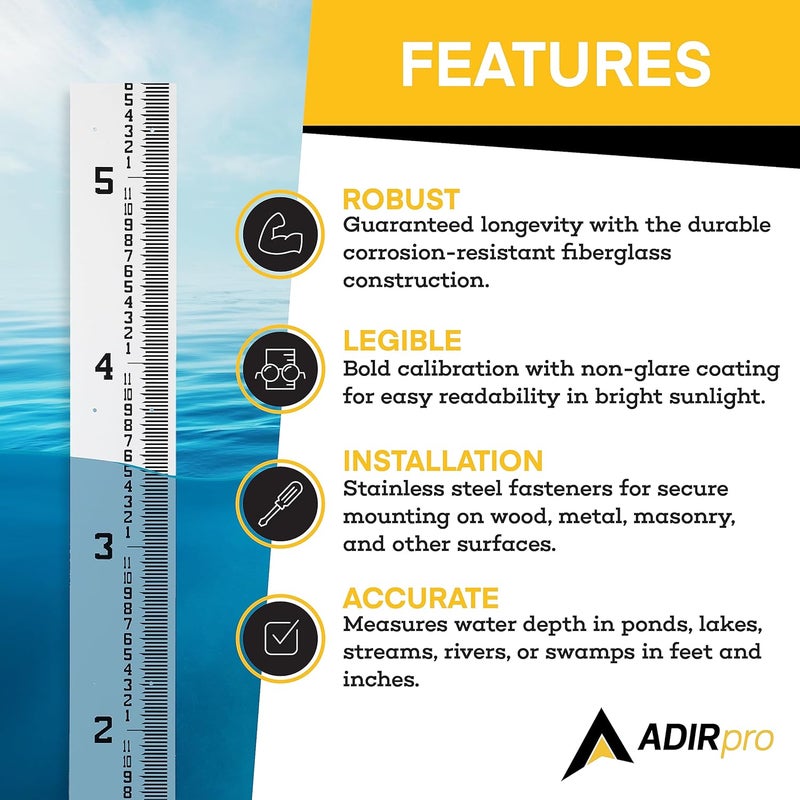 AdirPro 7" Wide Stream Gauge - Heavy Duty Staff Gauge - All Weather Gauge - Water Depth Gauge - Flow Meters - Graduated in Feet/Inches (0-5') - Image 2